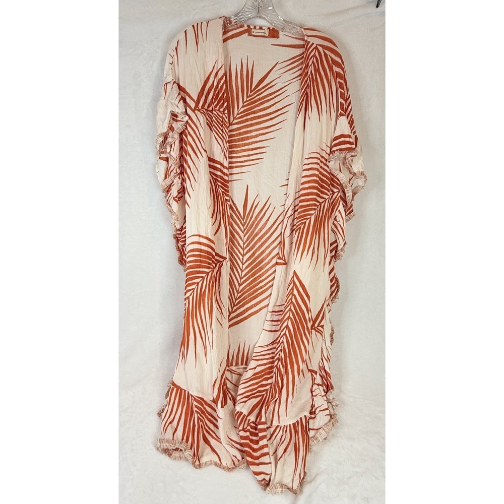 Vacation Resort Palm Print Kimono Cover-Up Boho Beach Orange Ivory M Oversized - Picture 3 of 9